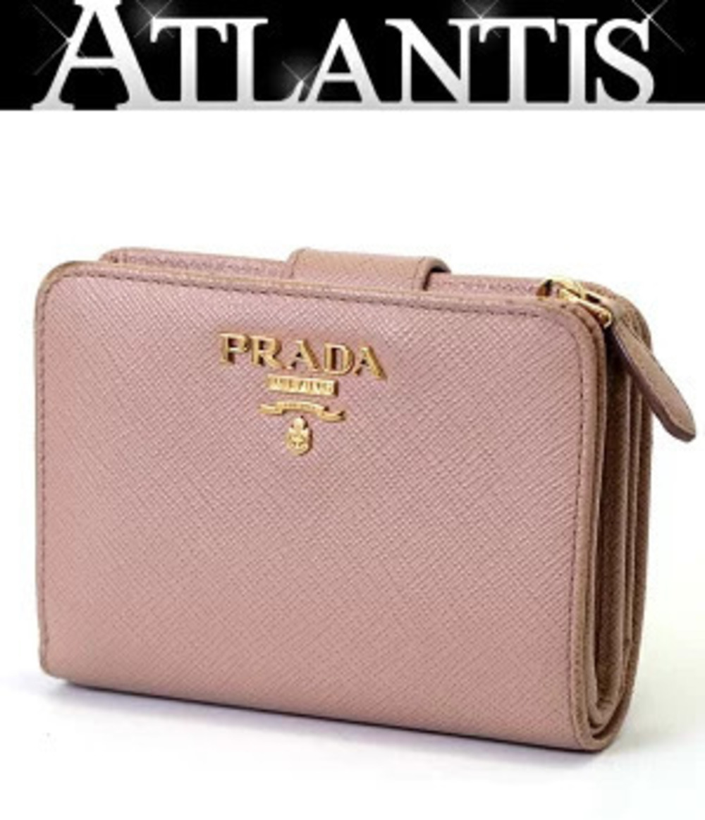 Prada L shaped Zipper Bi fold Compact Wallet Saffiano Leather Beige Cream